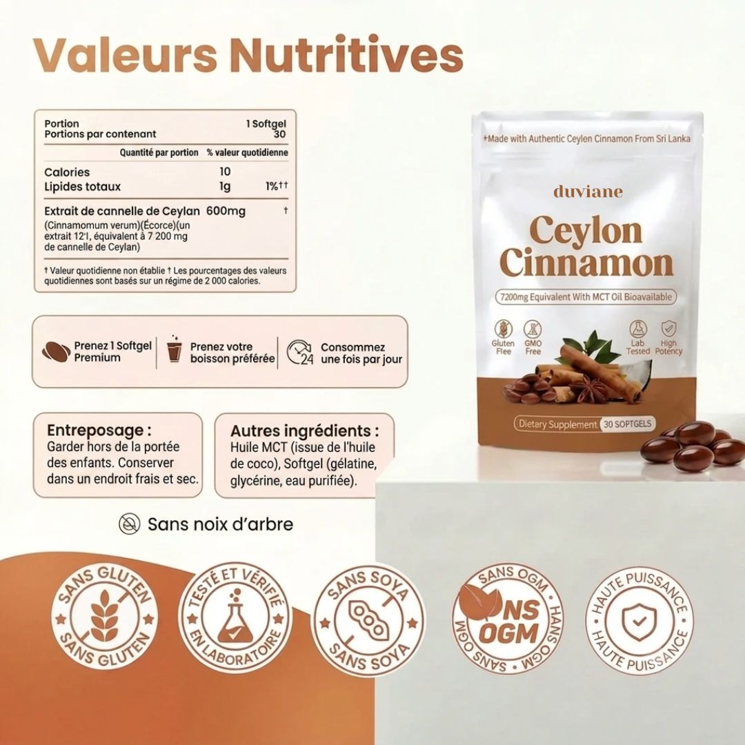Cannelle de Ceylan 7200 mg équivalent avec huile MCT